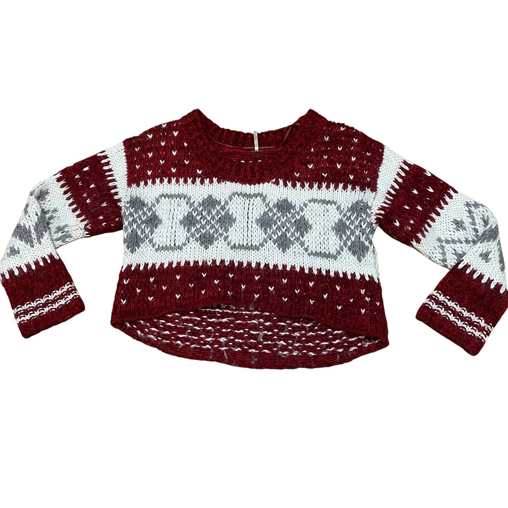Free‎ People Women's XS Cropped Knit Pullover Burgundy Red Fair Isle Sweater
